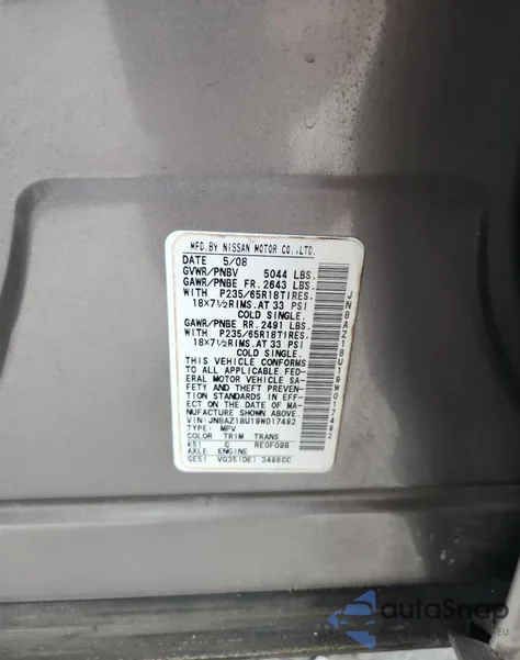 2009 Nissan Murano S z USA, uszkodzony, nr VIN JN8AZ18U19W017492